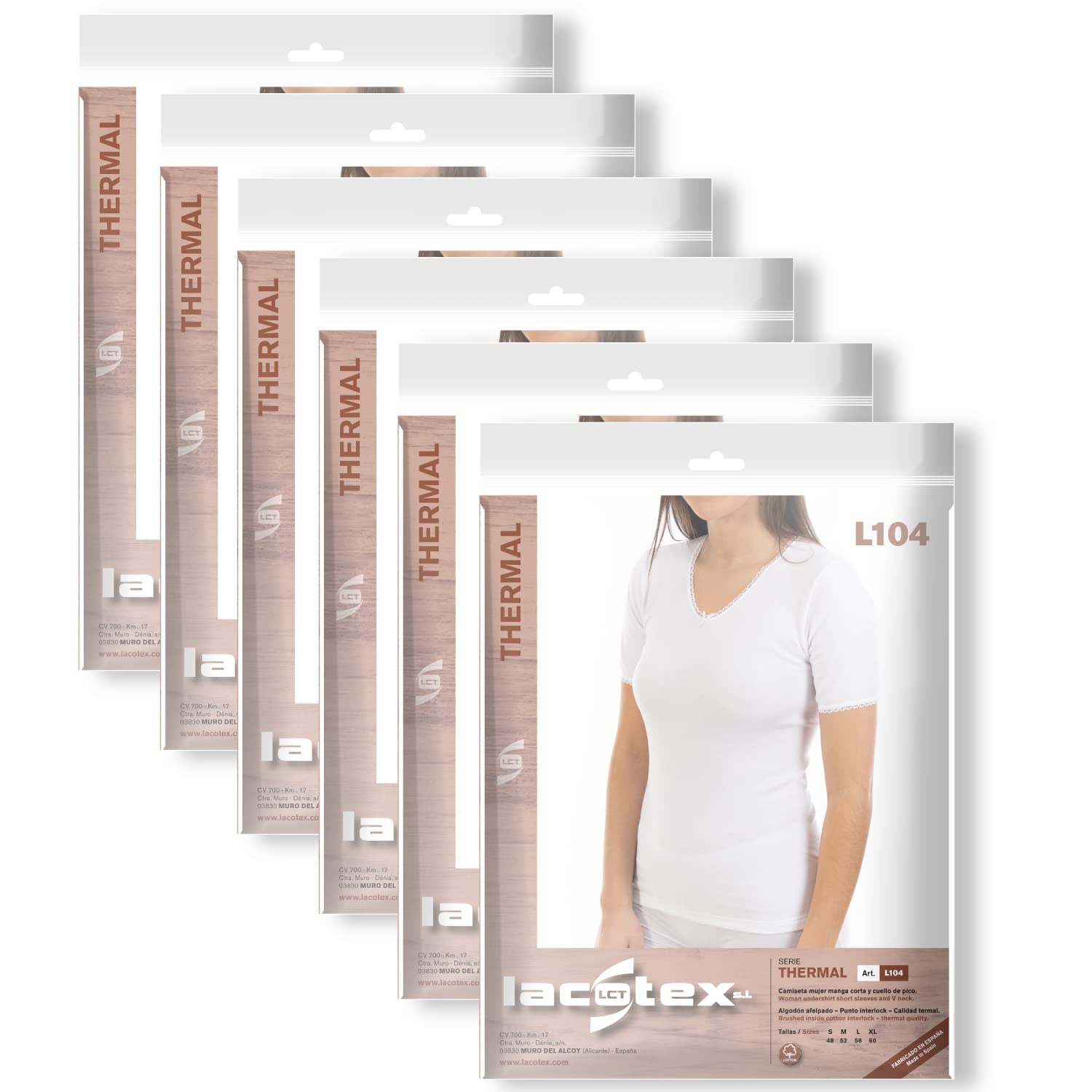 Lacotex Camiseta Interior Termal de Mujer | Camiseta Manga Corta y Cuello Pico Térmica | Confort y Protección Térmica Interior | Pack Ahorro 6 Unidades | L104