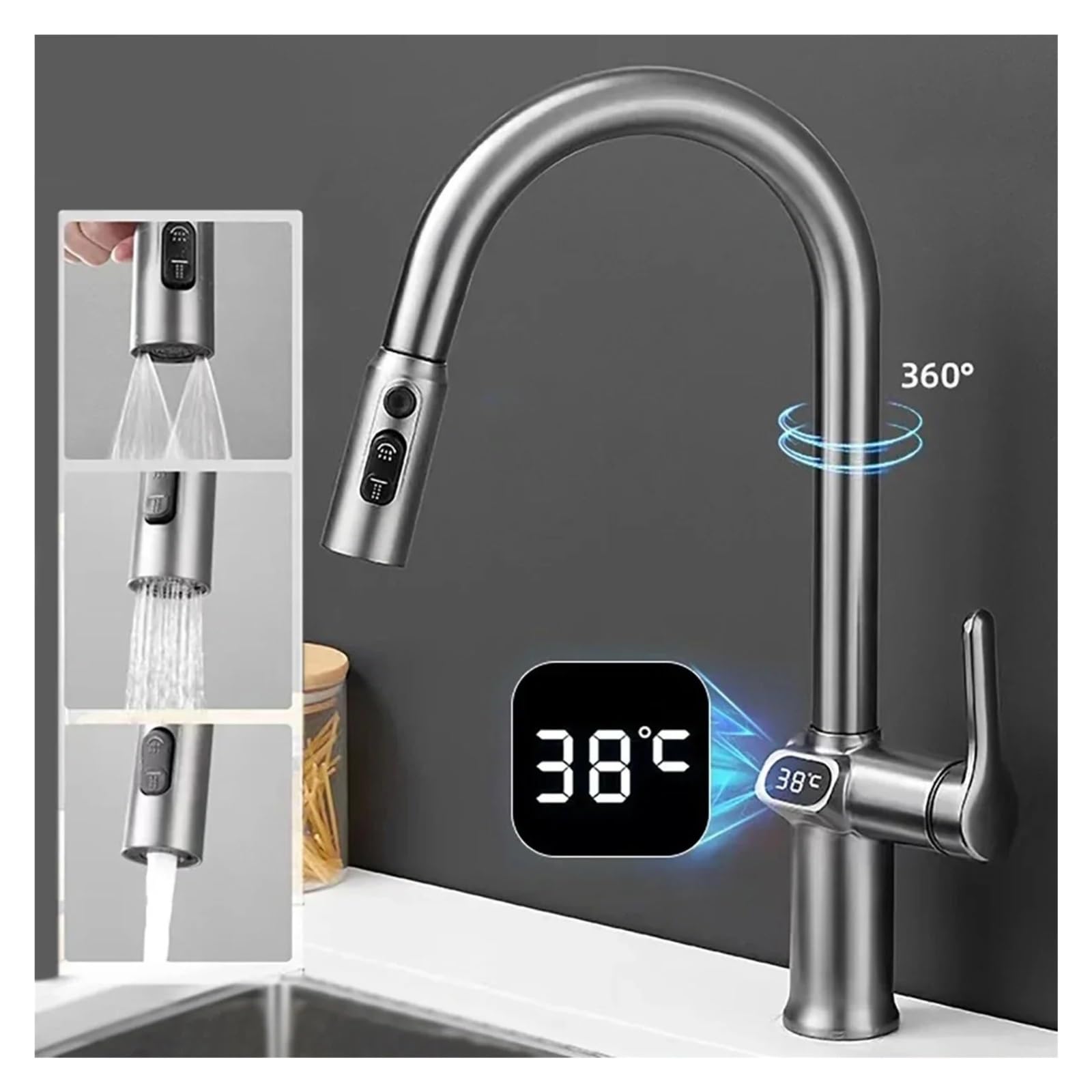 Grifo de cocina acero inoxidable cepillado digital, grifo lavabo giratorio extraíble, válvula mezcladora fría y caliente,Seguro y Confiable(Gun-Grey)