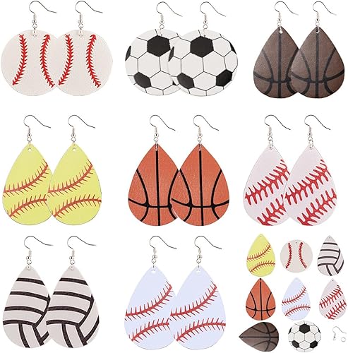 SUNNYCLUE DIY Make 8 pares de dijes deportivos de piel sintética para hacer aretes, kit de iniciación de fútbol americano, dijes de lágrima de