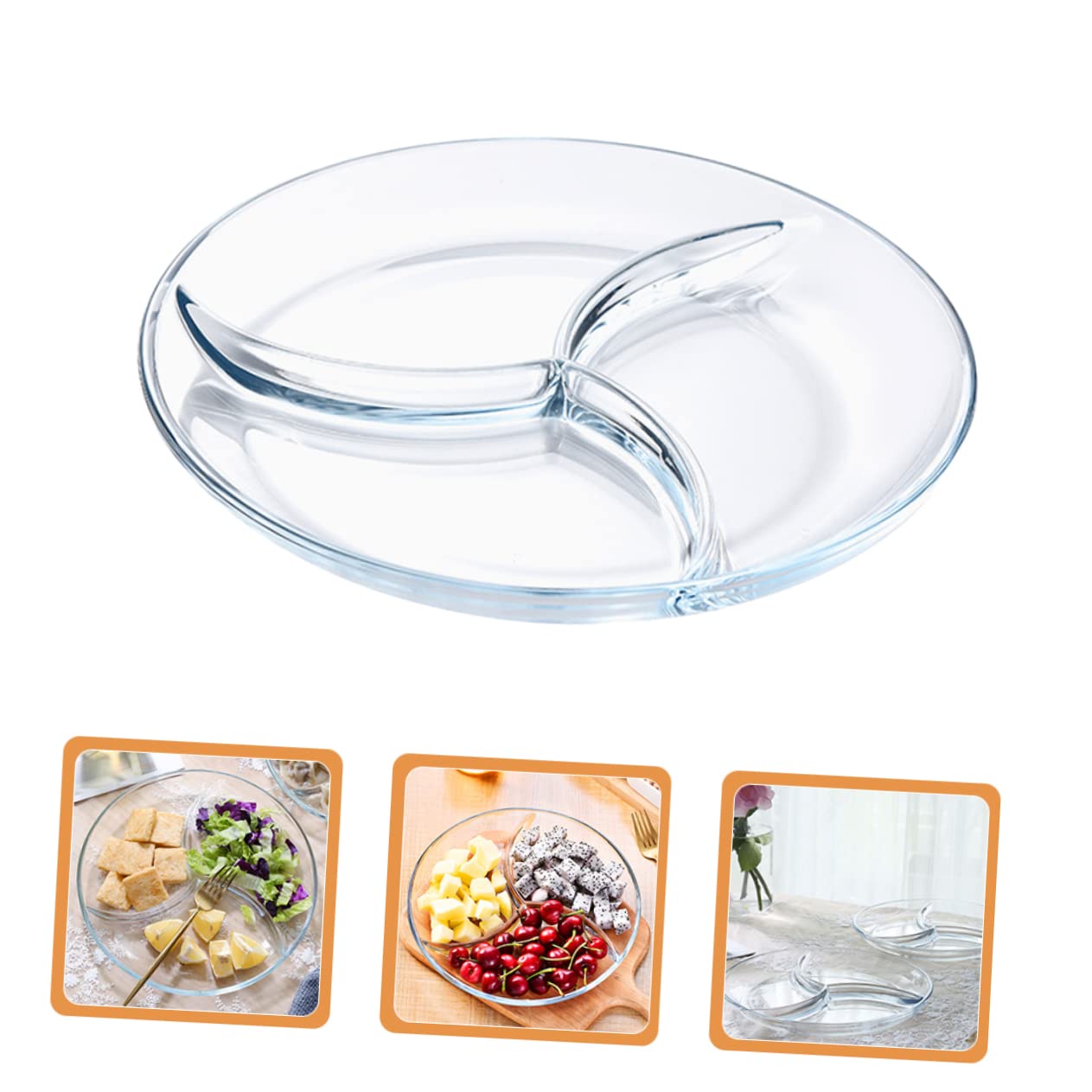 Ipetboom Bandeja de Comida de Vidrio Templado con 3 Divisores, Plato Dividido Ligero para Recalentar Alimentos y Mantenerlos Separados en Reuniones al Aire Libre