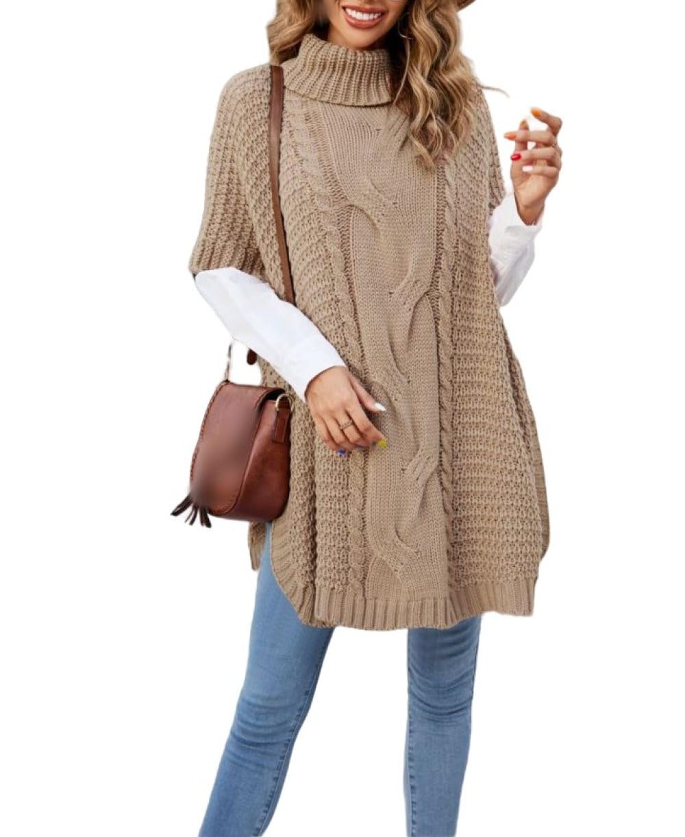 Dolcevita Invernale da Donna Poncho Lavorato A Maglia con Scialle Maglione Maglione Mantella Avvolgente, Maglione Oversize A Mezza Manica Lavorato A Trecce, Maglione Casual A Maglia Grossa con Spacc