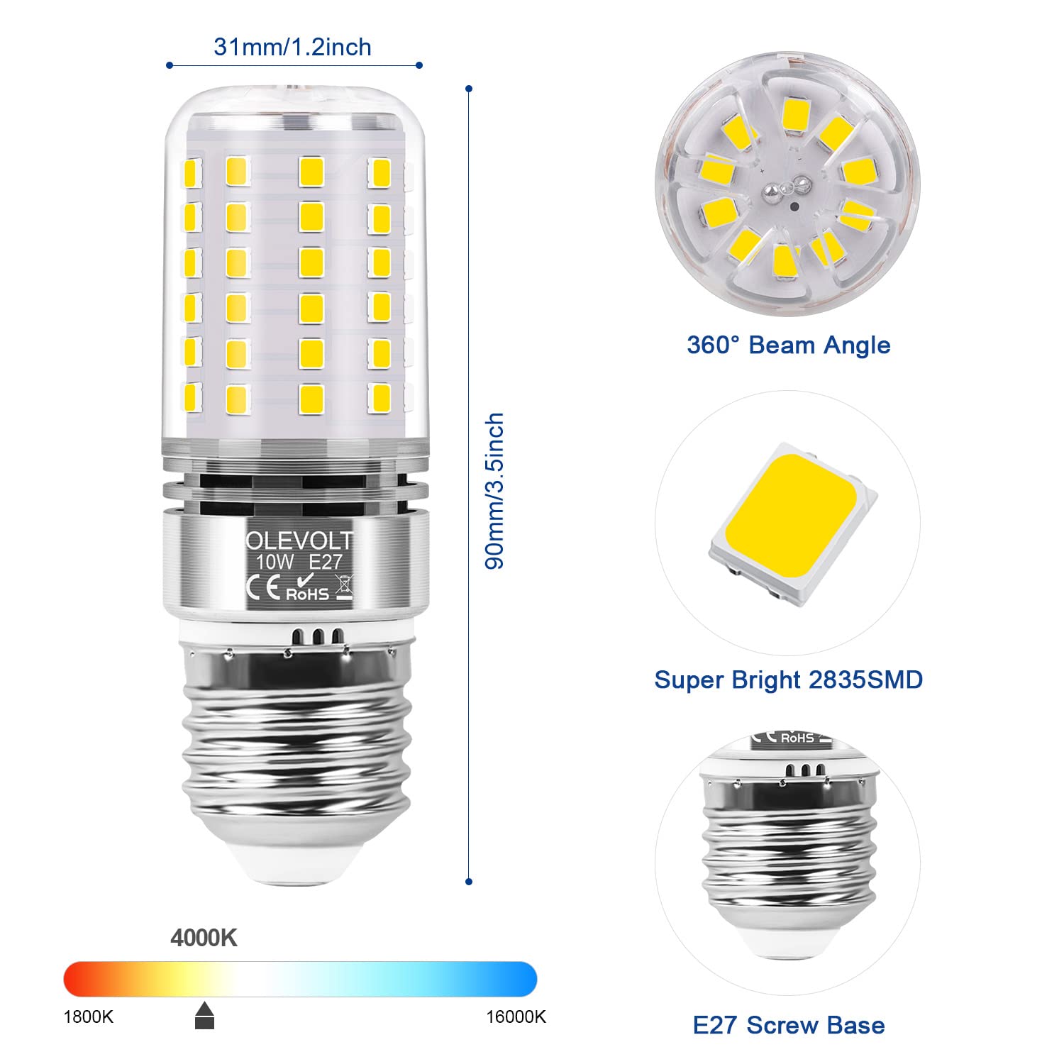 OLEVOLT LED Lampadina E27 Luce Naturale 4000K 1200LM Mais Lampadina E27 10W Equivalente 80W Lampada Alogena, Non Dimmerabile Nessun Sfarfallio Lampadina LED E27 Risparmio Energetico Set di 6