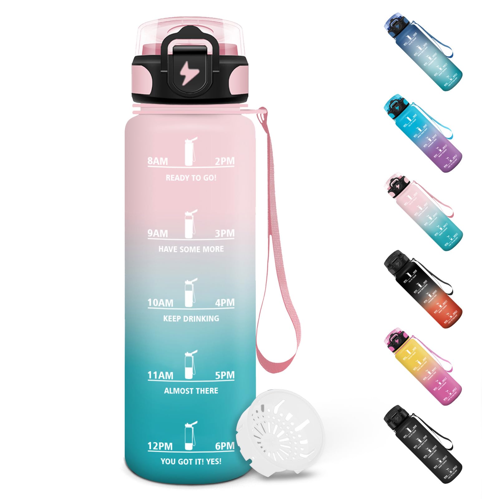 Motswedi Trinkflasche 1l, Wasserflasche, Auslaufsicheres Schlossdesign, Flasche Sport, Mit Zeitstempel, Trinkflasche Auslaufsicher, Kohlensäure Geeignet, für Tennisplatz, Büro, Camping - Rosa&Cyan