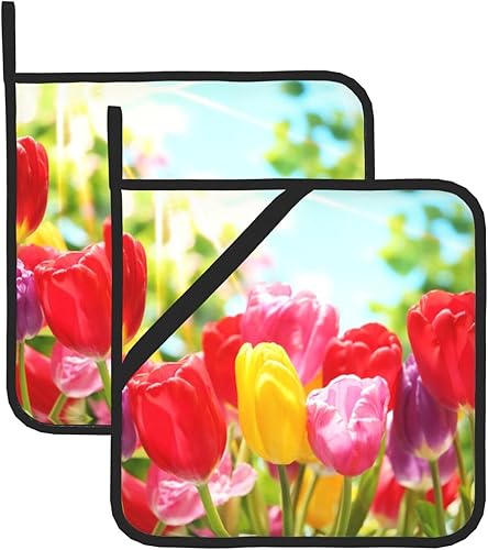 Miniatura 1 de Juego de 2 soportes para ollas de tulipanes frescos y coloridos, soportes para ollas para cocina, resistentes al calor, almohadillas calientes para