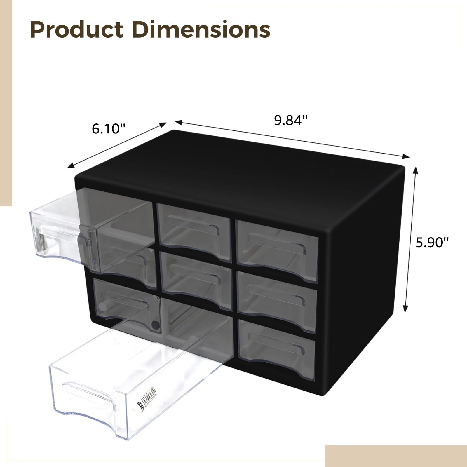 Organizador de escritorio con diseño de 9 cajones, caja de almacenamiento grande de plástico negro, apilable y de montaje en pared, para oficina y hogar, organizador compacto a prueba de polvo con