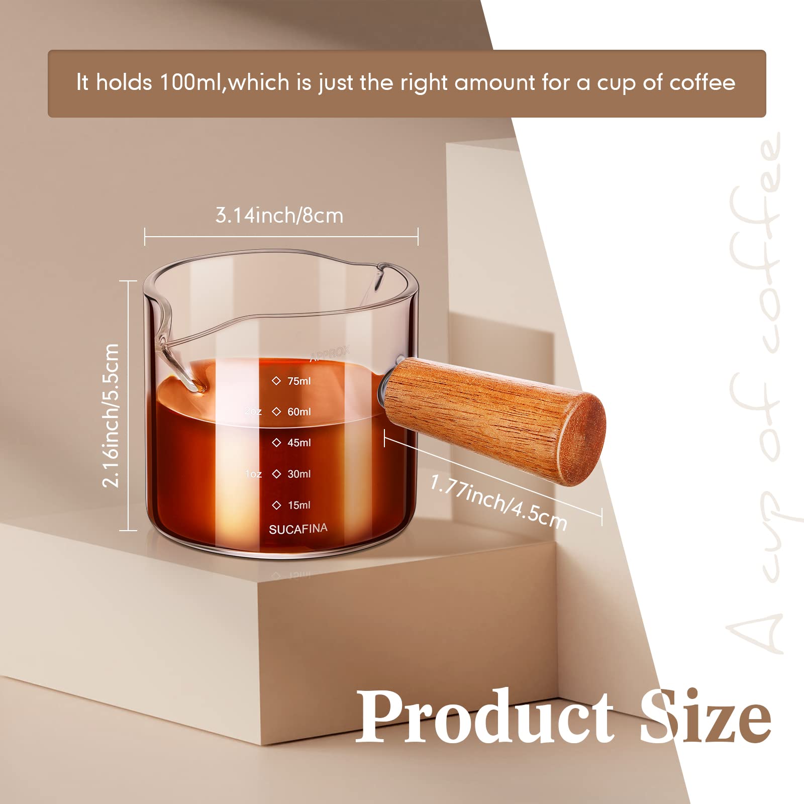 6 Pieces Espresso Measuring Shot Glass Double Spouts Measuring Cup Triple Pitcher Milk Cup with Wood Handle 2.5 oz Small Glass Clear Barista Coffee Carafe