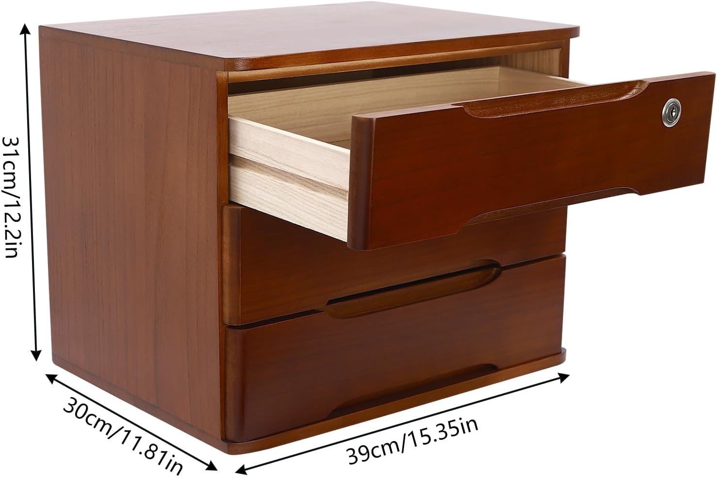 Wooden Desk Organizer with 3 Drawers Office Supplies File Paper Storage Box Cabinet Lockable Desktop Organizer for Office Study Bedroom Dresser Kitchen, 15.4x11.8x12.2 in (Dark Brown)