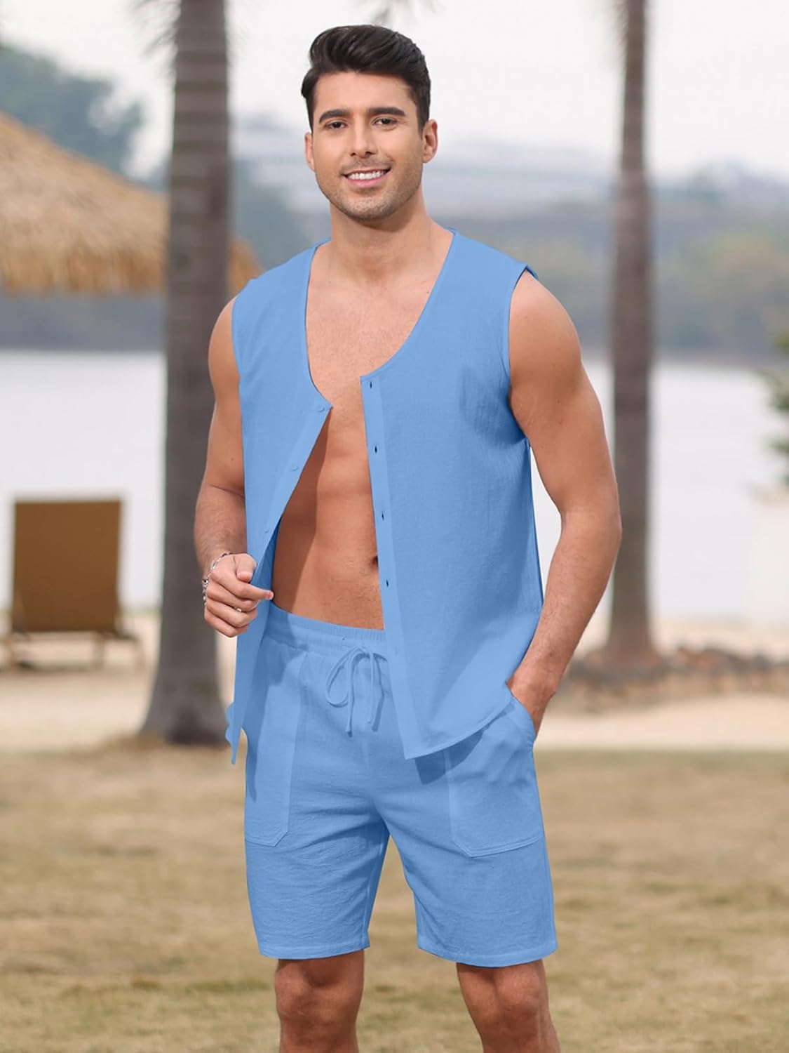 Aulemen Men's Linen Sets 2 Piece Outfits Tank Tops Summer Beach Casual Short Sleeve Hippie Shirts Matching Shorts Set Blue M