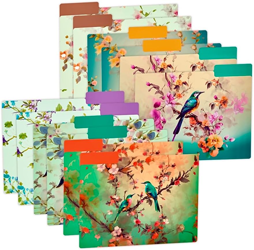 12pcs Decorative File Folders Letter Size, Bird Design Folders, Cute Office Folders with Floral Branches, 1/3 Cut Tab, Waterproof Archival File Folders Colored Decorative File folders