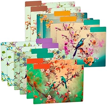 12pcs Decorative File Folders Letter Size, Bird Design Folders, Cute Office Folders with Floral Branches, 1/3 Cut Tab, Waterproof Archival File Folders Colored Decorative File folders
