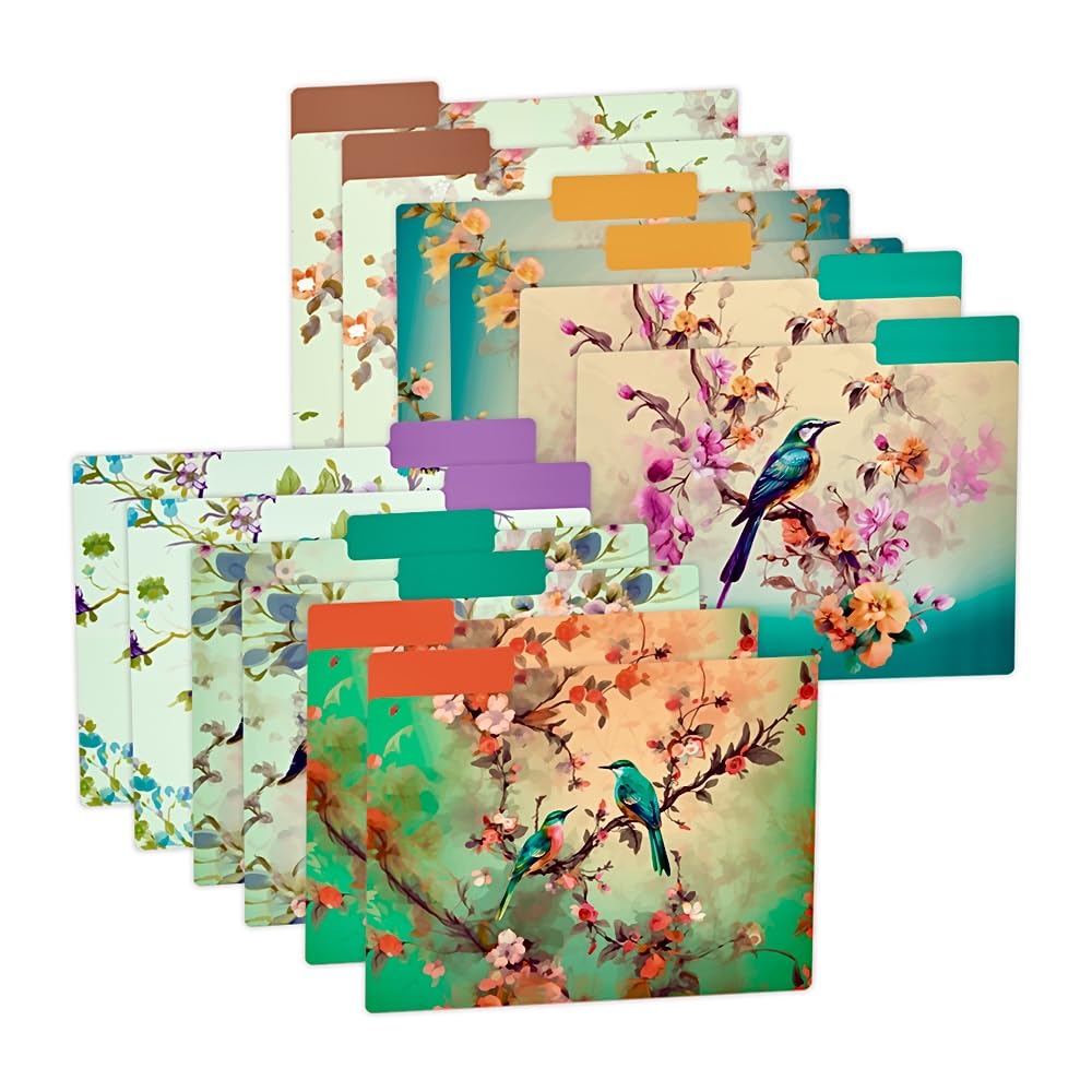 MARBOL Stores 12pcs Decorative File Folders Letter Size, Bird Design Folders, Cute Office Folders with Floral Branches, 1/3 Cut Tab, Waterproof