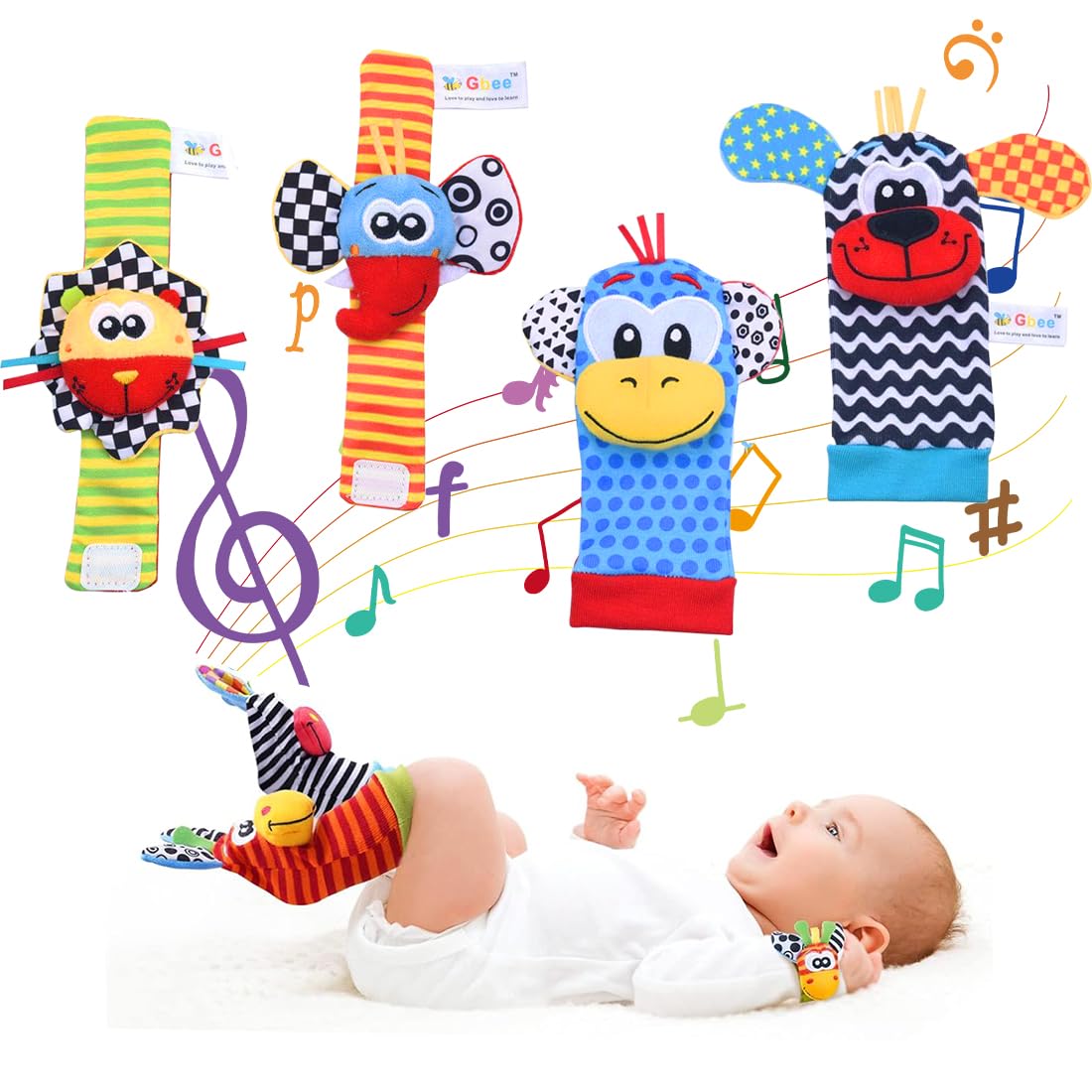 4pcs Sonajero Calcetines y Muñequeras para Bebé, Sonajero Toys con Buscador de Muñeca y Pie Juguetes de Animales Suaves y Bonitos para 0-12 Meses Recién Nacido Niño Niñas(2 Pulseras y 2 Calcetines)