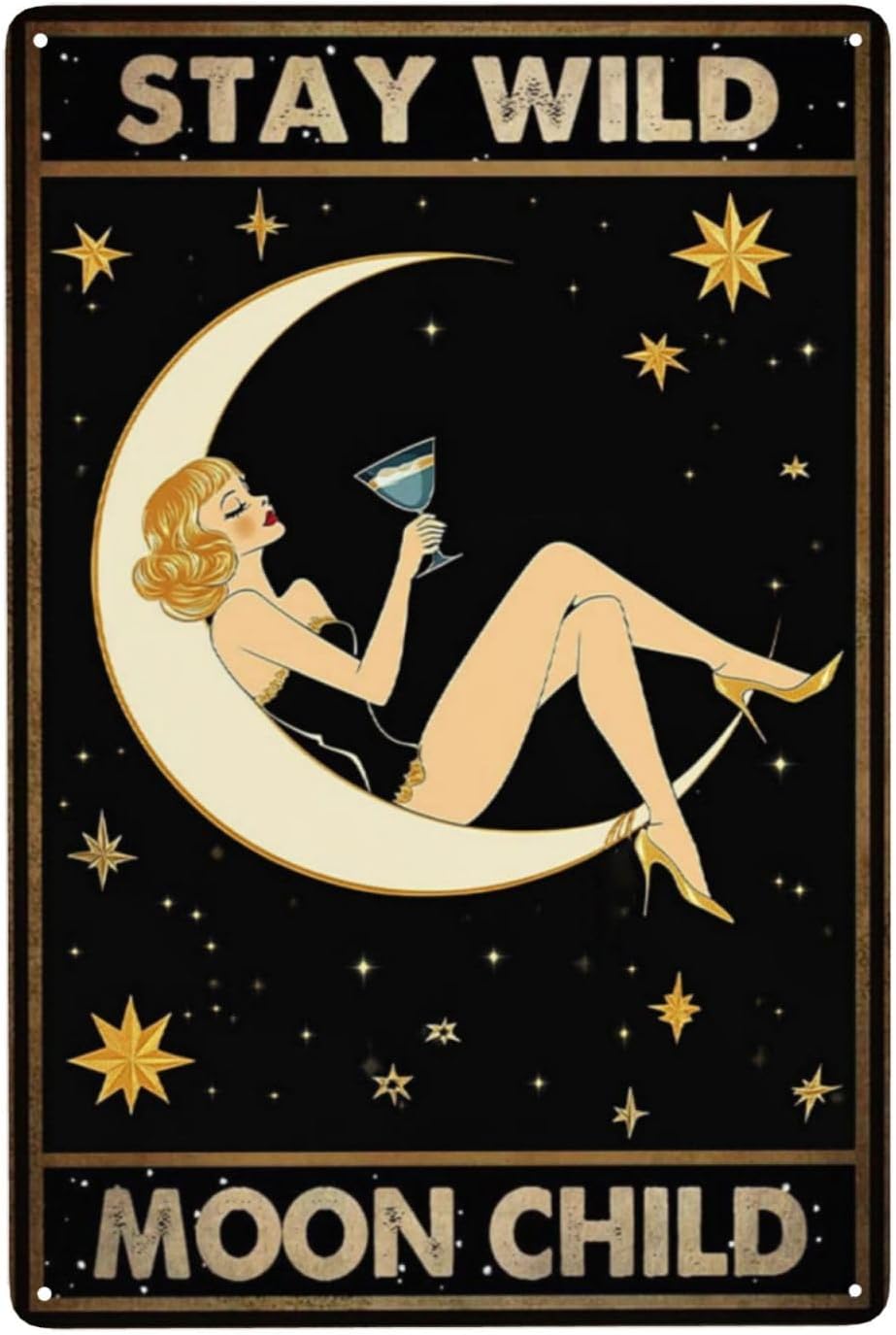 Stay Wild Moon Child Tin Sign Vintage Metal Wall Art for Home, Bar, Cafe, or Lounge Retro Decor 8 x 12 inches