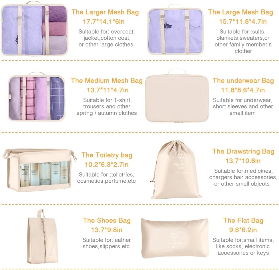 Packing Cubes for Suitcase – GEEDIAR 11 PCS Packing Cubes Travel Luggage Organizers Bag Waterproof Travel Essentials Bag Clothes Shoes Storage Bags（Beige）