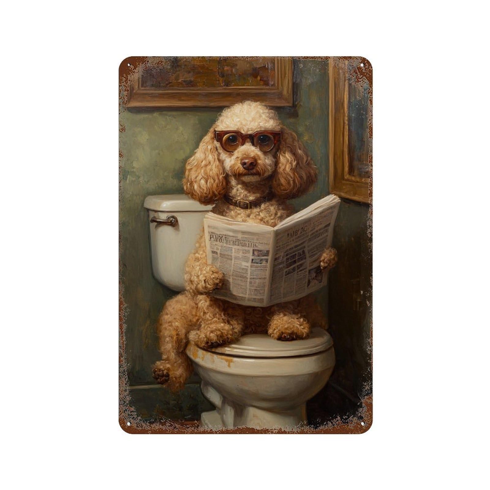 Poodle Reading Newspaper on Toilet-9 Distressed Metal Wall Sign 11.8"x7.9", Rustic Home Decor for Living Room, Hallway And Home Decor