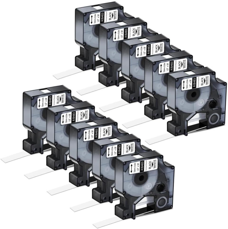 3 5 8 10 Pack A18483 Label Tape Anti Smudge Industrial Strength Compatible with 18482 Polyester Ribbon Permanent Black On White(3PK Black on White)