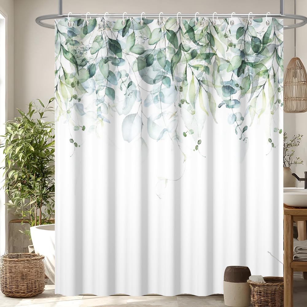 Uiiooazy Tenda Doccia Antimffa, Tenda da Doccia 120x180cm Verde Salvia Eucalipto Foglie Blu Verdi Tende da Bagno Tessuto Lavabile Impermeabile Poliestere Tende per Vasca da Bagno con 8 Anelli