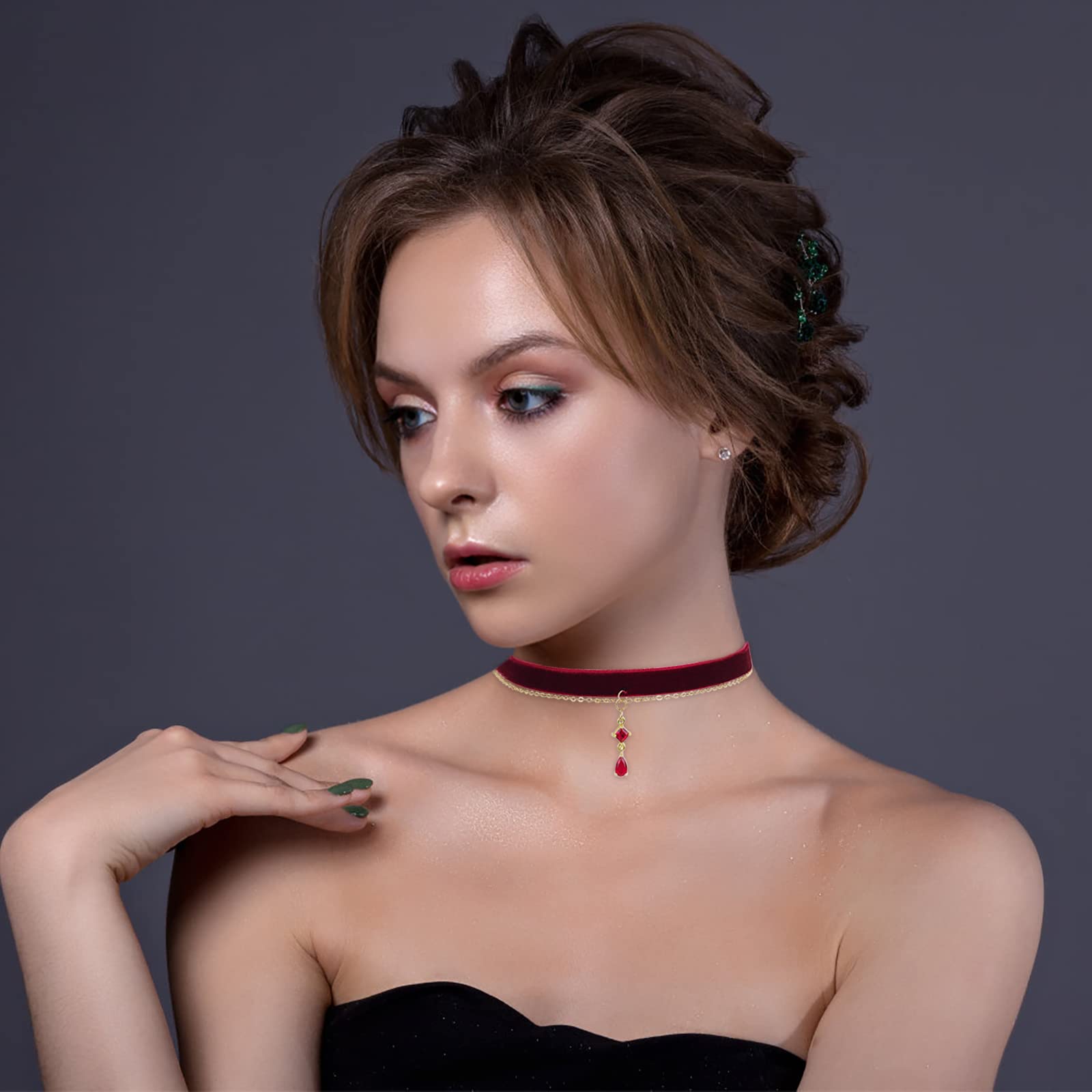 Czerwony aksamitny choker, naszyjnik dla kobiet, gotycki, w stylu vintage, wiktoriański, biżuteria, prezent, dla panny młodej, w stylu wampirzycy, akcesoria dla kobiet, Bez kamieni szlachetnych