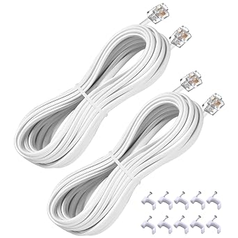 25FT Telephone Extension Cord Cable, Landline Phone Line Wire with RJ11 6P4C Plugs, Includes Cable Clips - White - 2 Pack