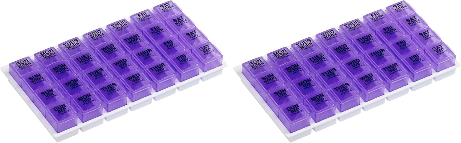 Ezy Dose Weekly (7-Day) Pill Organizer, Vitamin and Medicine Box, Large Pop-Out Compartments, 4 Times a Day, Purple (Pack of 2)