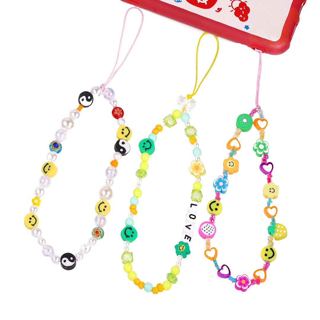 3 Pieces Smiley Face Beaded Cell Phone Charms Wrist Strap Chain Polymer Clay Acrylic Beads Pearl Bracelet Keychain for Women
