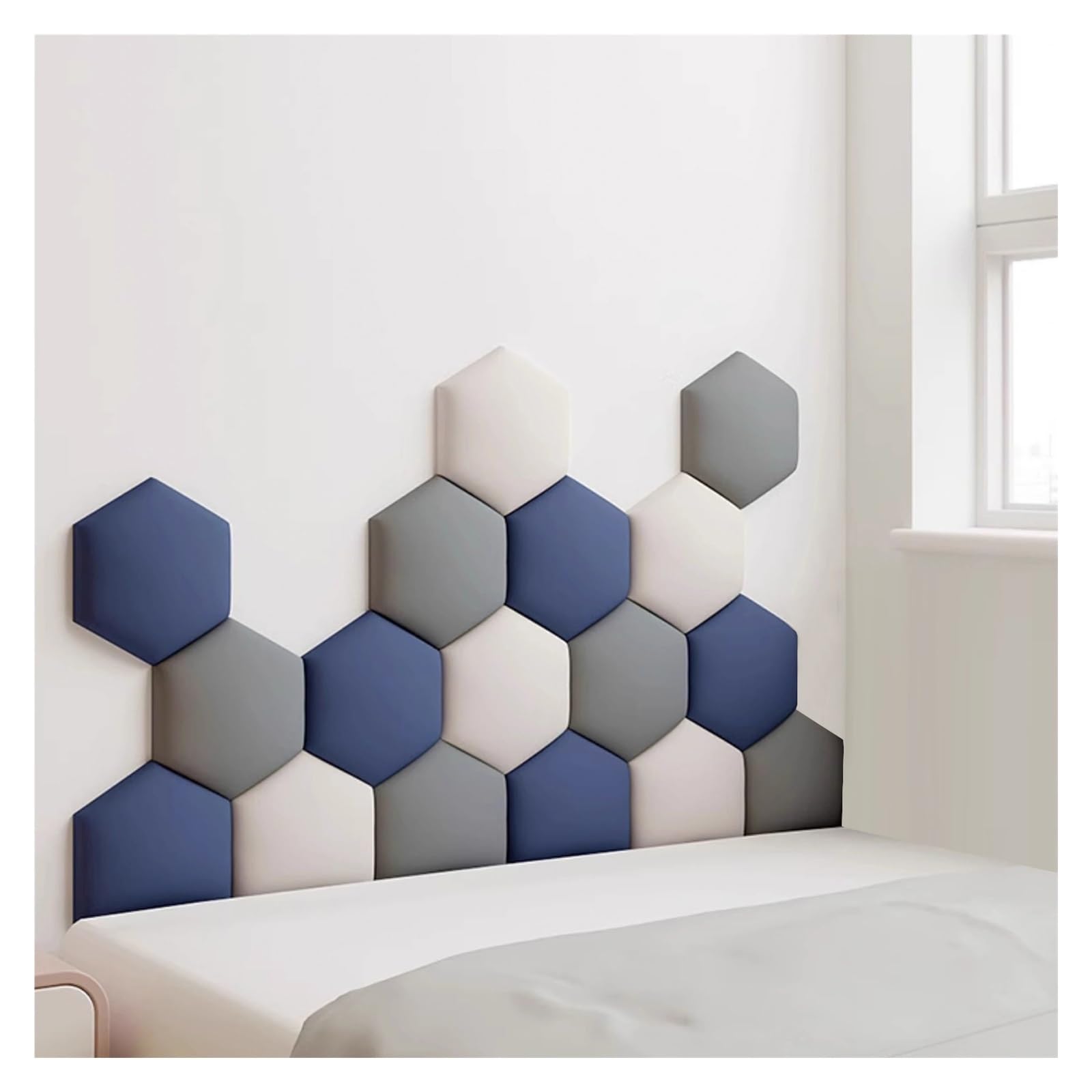 SENJINGHUA Upholstered Wall Panels, Hexagon Self-Adhesive Padded Decor, 3D Anti-Collision Wall Stickers for Nursery, Wall-Mounted Headboard Padding