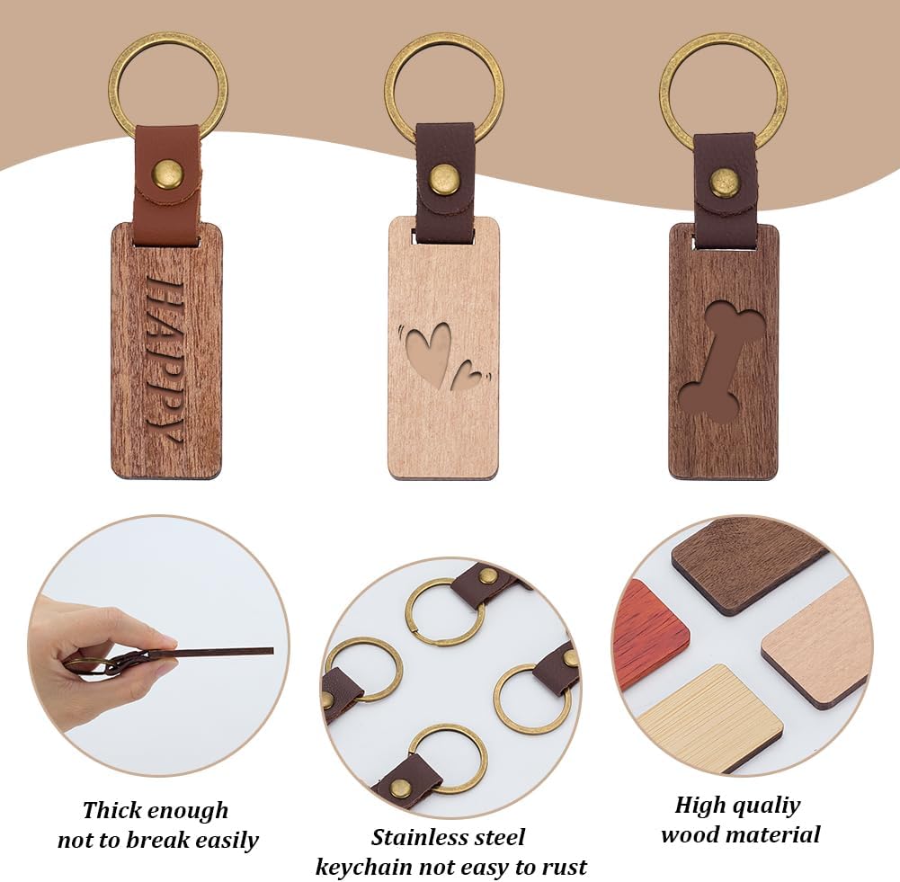 50 PCS Leather Wood Keychain Blanks 5 Colors Unfinished Wooden Keychains Rectangular Shape Wood Keychains Blanks for Engraving DIY Crafts Personalized Gifts - Image 3