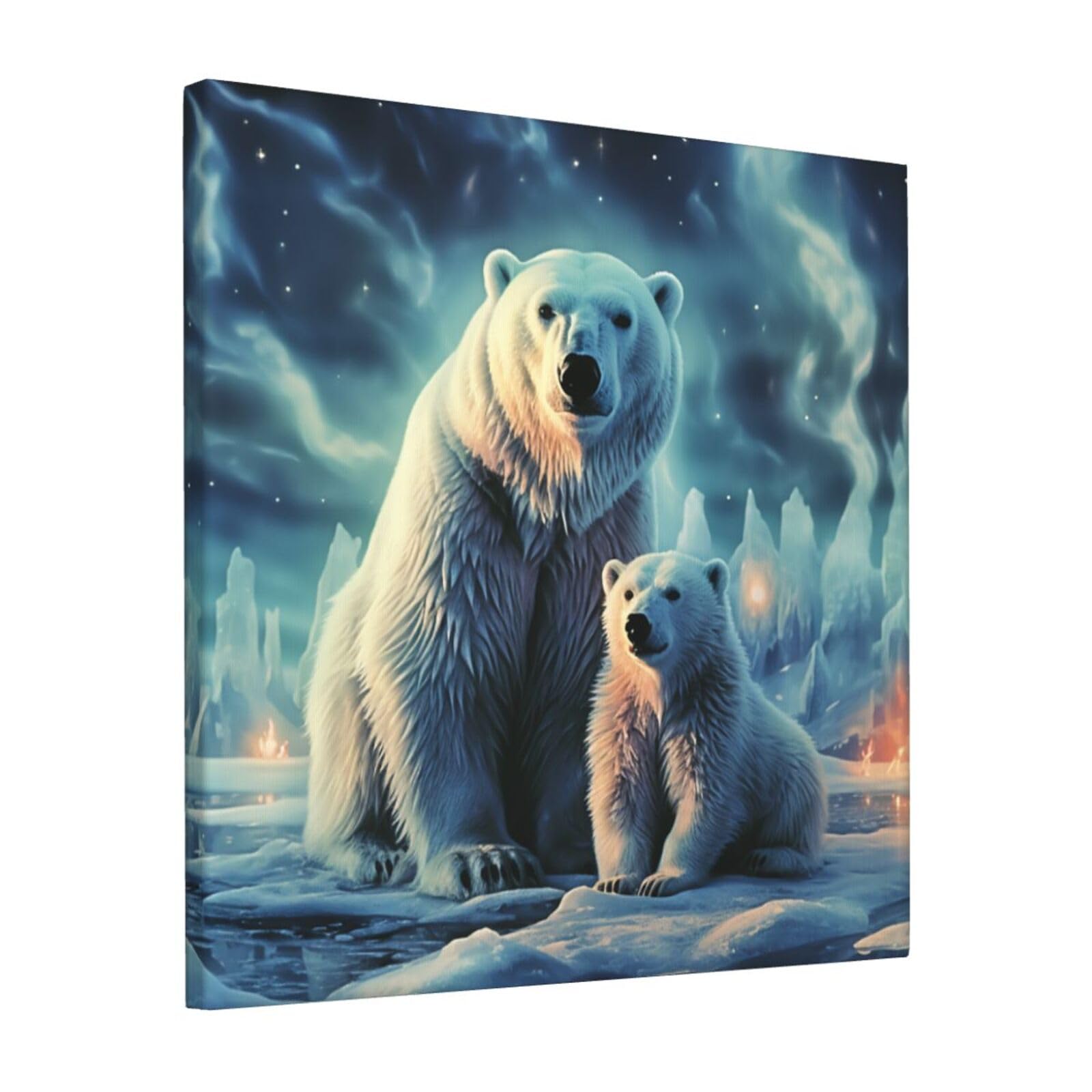 KLOPH Polar Bears Northern Lights Canvas Wall Art for Living Room 12"x12" Modern Artwork Painting for Bathroom Hanging Canvas Prints Aesthetic Wallart for Bedroom Kitchen Office Wall Decor