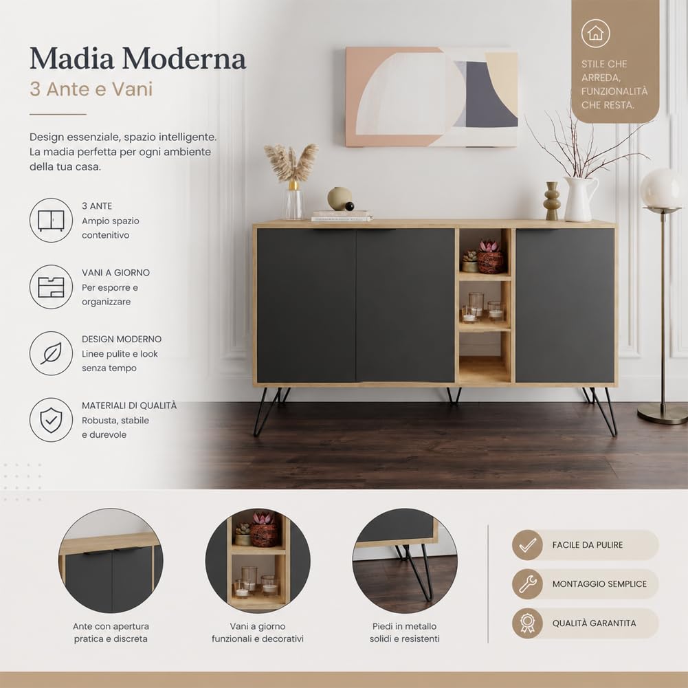 Shally Dogan Madia Moderna 3 Ante e Vani, Credenza Design Moderno, Struttura Resistente Salvaspazio, Ideale per Ingresso, Casa, Ufficio, Camera da Letto, Soggiorno, 143 x 83 cm (Rovere e Antracite)