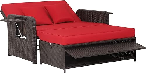 COSTWAY Patio Rattan Loveseat Set Daybed Lounge Almacenamiento Otomano Mesas Laterales Ajustar Rojo