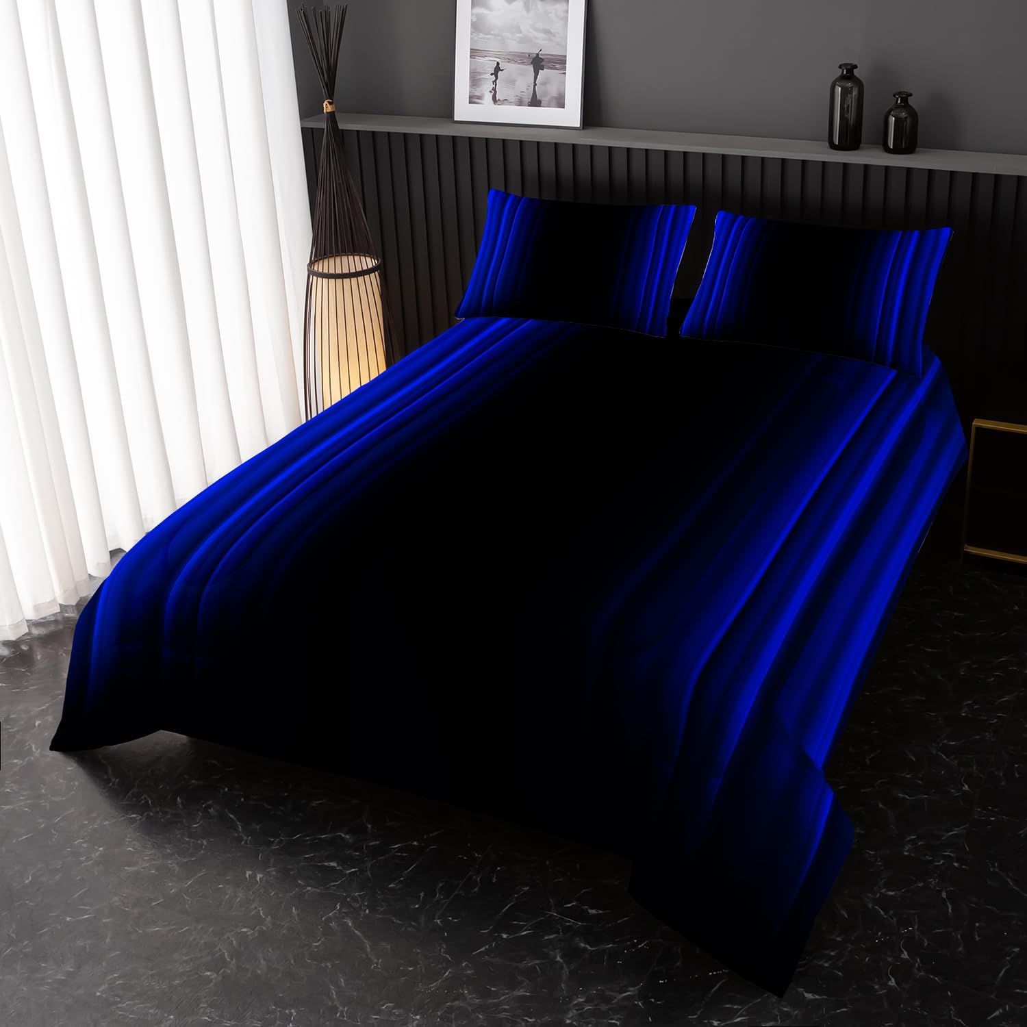 Blue and Black Bedding Set Full Size Abstract Ombre Comforter Set for Teen Boys, Mordern Bedding Set 3 Piece in A Bag,Dark Quilt Set Mordern Art Decor Lightweight All Seasons with Pillowcases