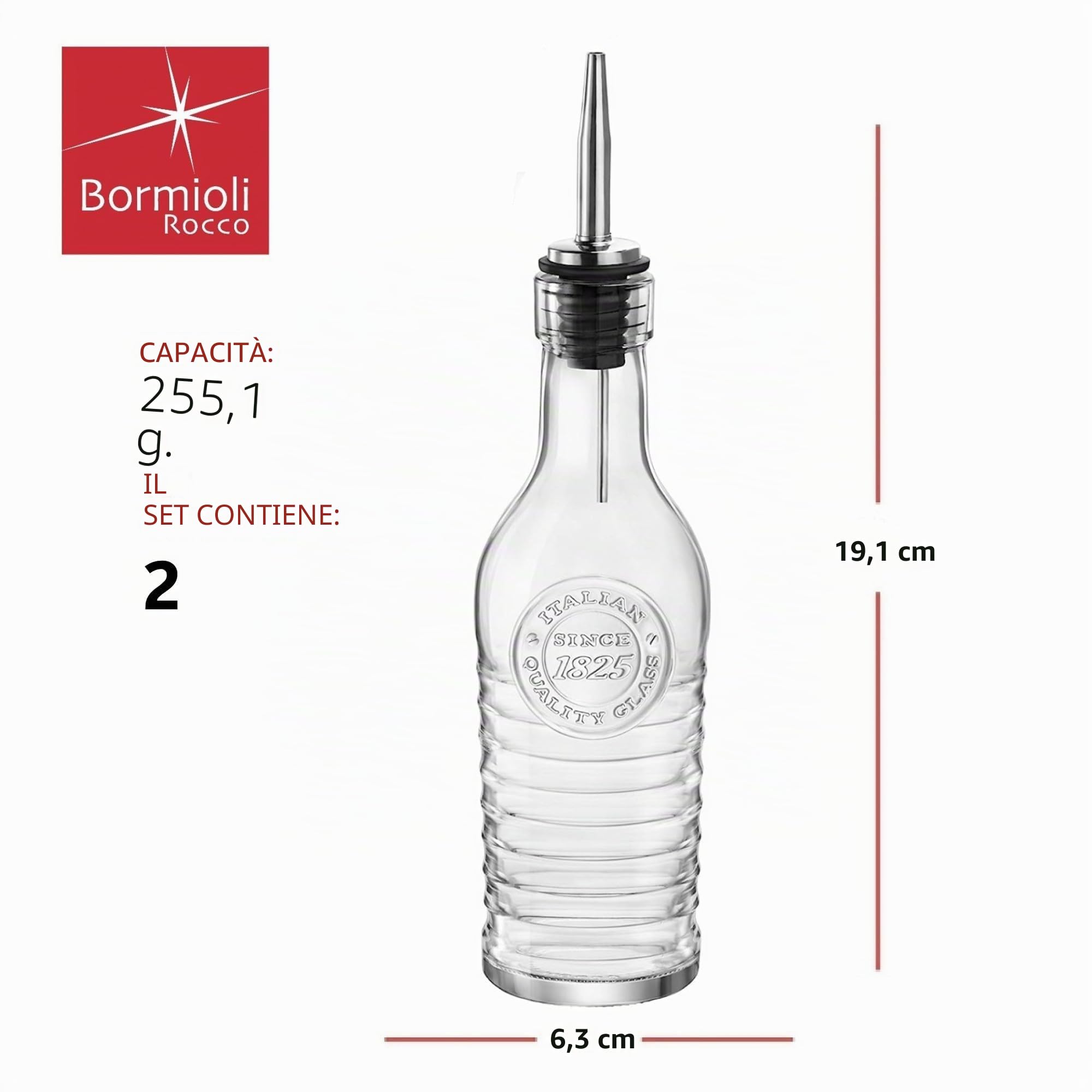 BORMIOLI ROCCO Officina 1825 - Bottiglie in vetro per olio d'oliva/aceto - Beccuccio in acciaio inossidabile - 268 ml - Set di 2