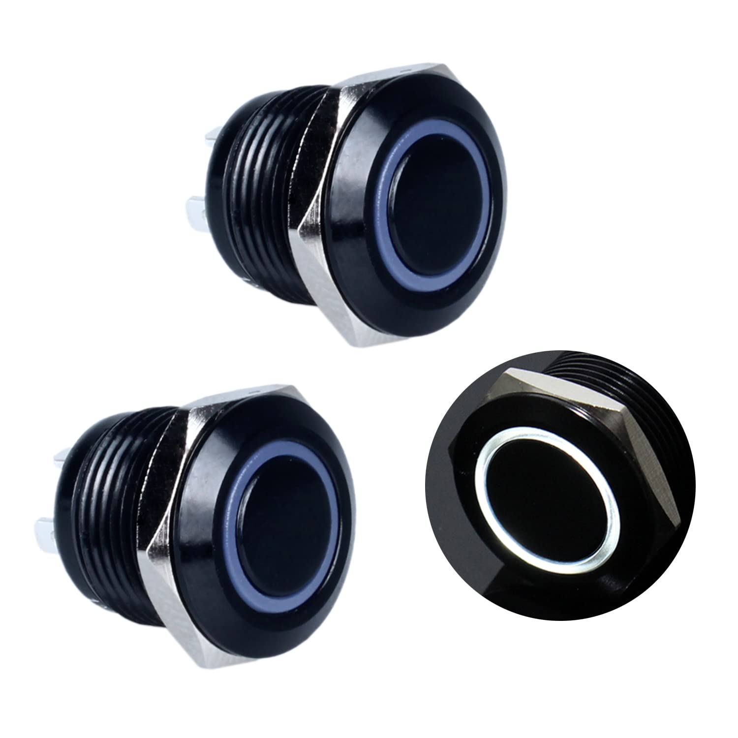 DMWD 2pcs 12mm Super Mini Metal Waterproof Anti-Vandal Momentary Push Button Switch Black Shell 1/2" Mounting Hole 12V-24V ON Off 4Pins 1NO Plug in