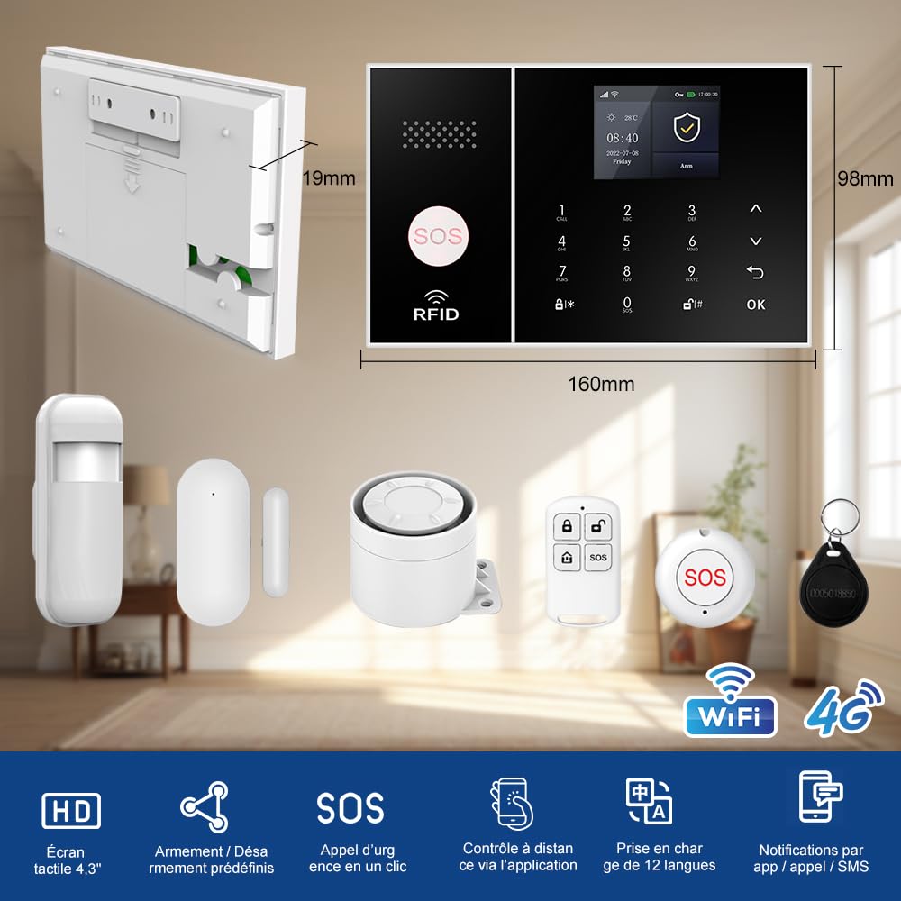Alarme maison sans abonnement sans fil WiFi + 4G pour maison et appartement, kit alarme connectée Smart Life, alertes par appel & SMS, compatible Alexa & Google Assistant (Lot de 12 articles)
