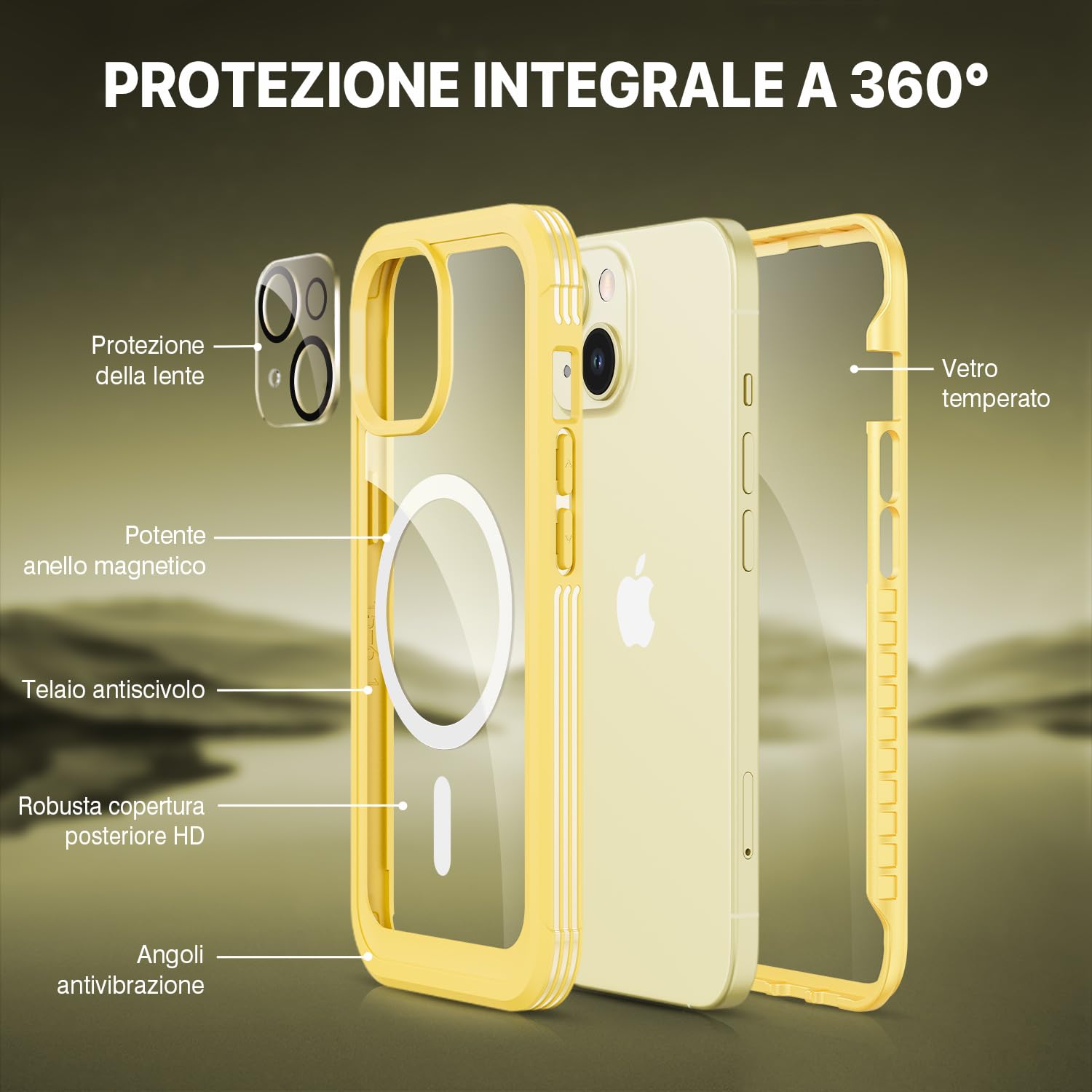 CENHUFO Cover Magnetica iPhone 15, [Compatibile con Magsafe] Integrata [9H HD] Vetro Temperato Schermo e Protezione Fotocamera, 360 Gradi Antiurto Cellulare Custodia Fronte Retro Case - Giallo
