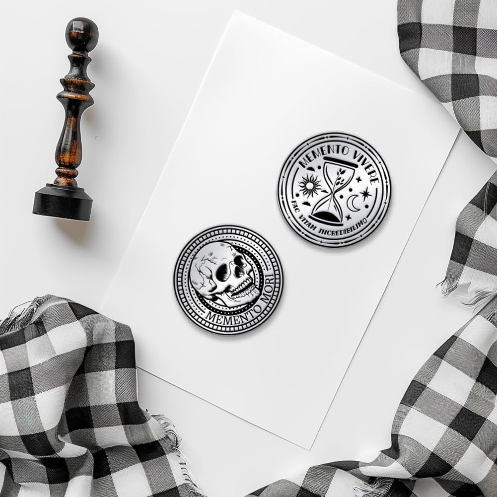 UNICRAFTALE 2Pc Memento Mori Coin Hourglass Skull Challenge Coins 2 Styles Memento Reminder Token Skull Token Medallions for Daily Stoic Practice Meditation Stoicism Gifts for Women Men - Image 2