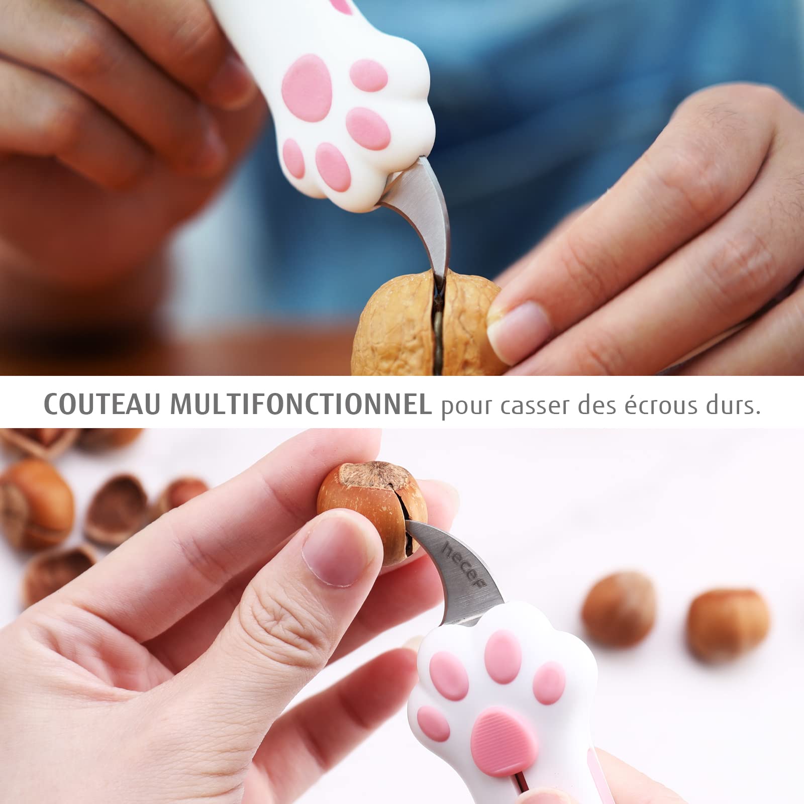hecef Set de 3 couteaux utilitaires, cutter rétractable avec lame en acier allemand et manche en patte de chat, set de couteaux multifonctions en rosa