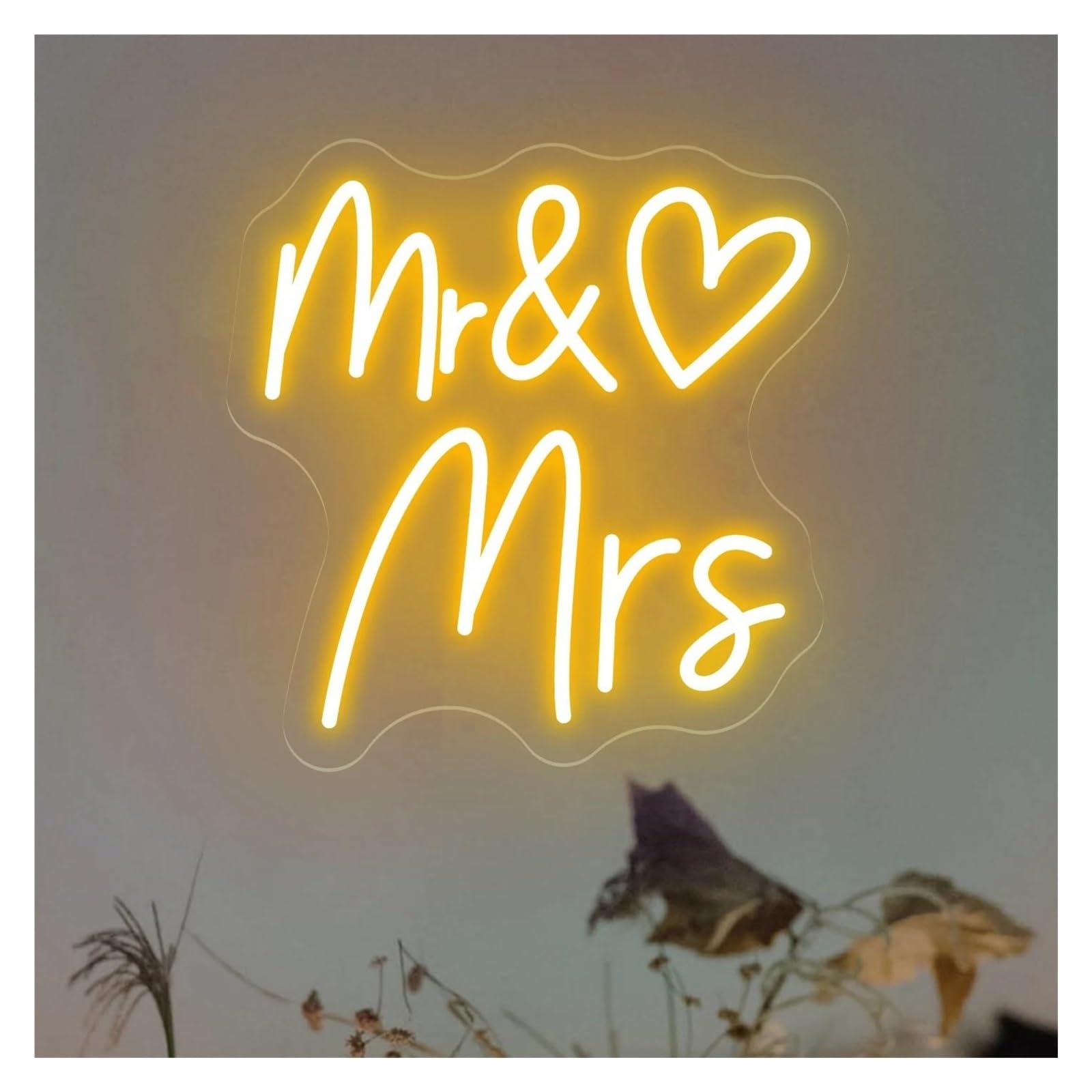 Xenite Yellow Hanging Art Neon Signs Mr & Mrs Neon Sign Heart Led Light Dimmable For Wedding Reception Signage Couples Wall Art Decor Illuminated Lamp 45Cmx45cm
