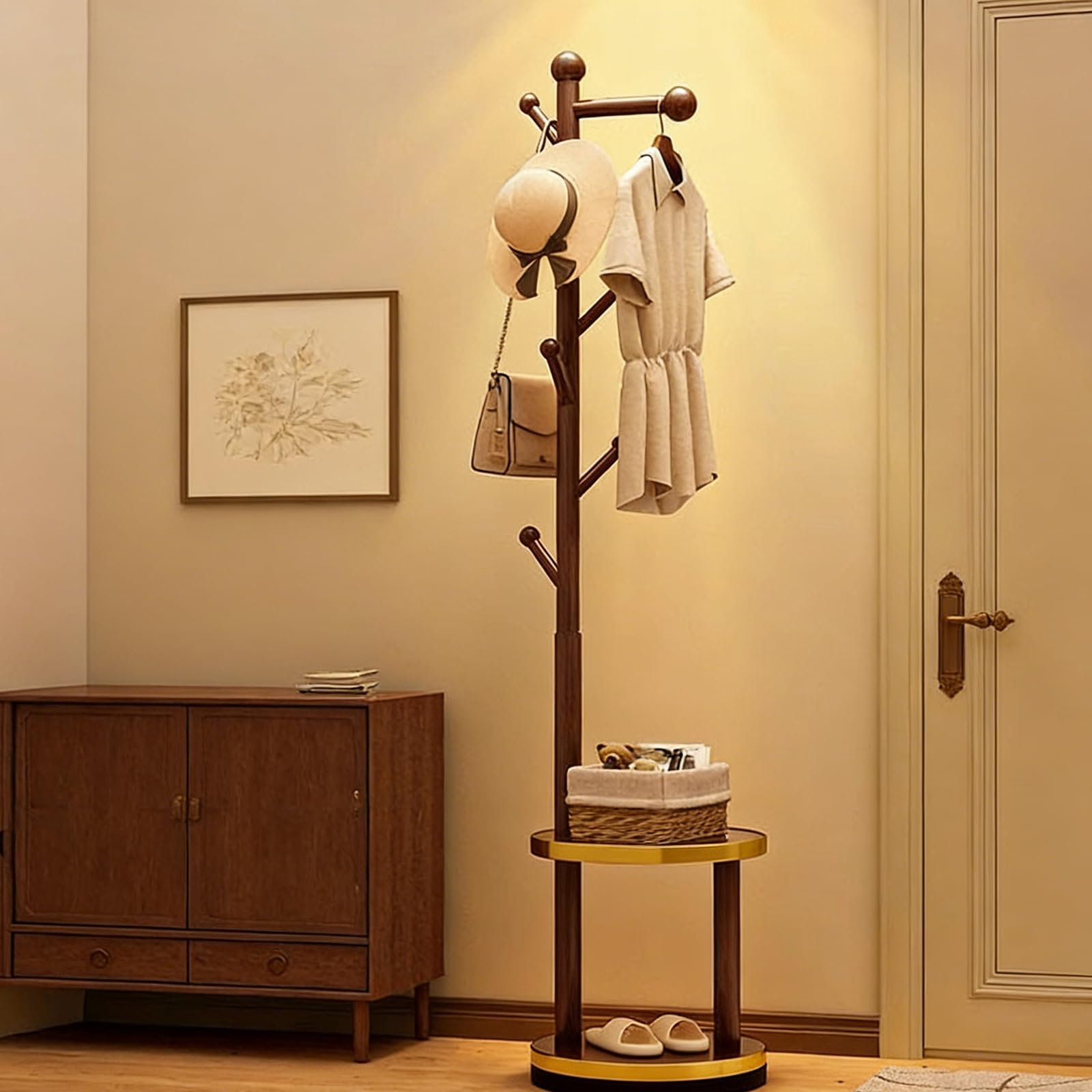 Js Space Walnut-B Solid Wood Rotary Coat Rack Wooden Freestanding Coat Tree With 2 Shelves And 8 Hooks,Clothes Hanger Stand For Bedroom, Entryway, Livingroom