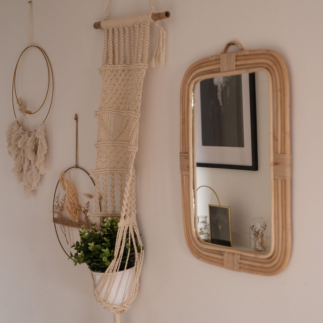 Decorasian Specchio da parete in rattan, rettangolare (50 x 35 cm), intrecciato a mano, design bohémien, decorazione da parete sostenibile per il corridoio