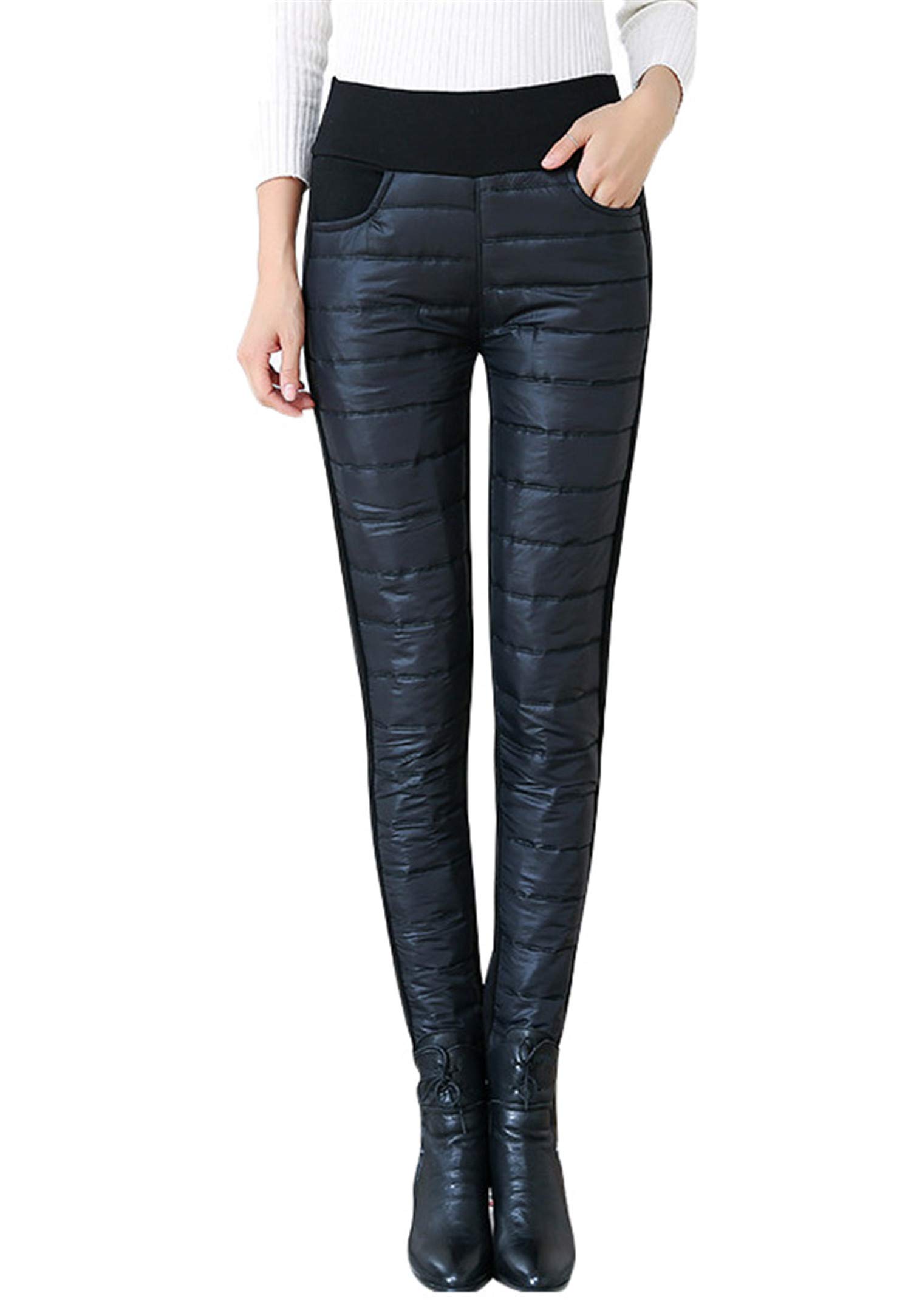 Andongnywell Women High Waist Down Pants Winter Thicken Pants Elasticity Warm Trousers Windproof Quilted Puffer Pants