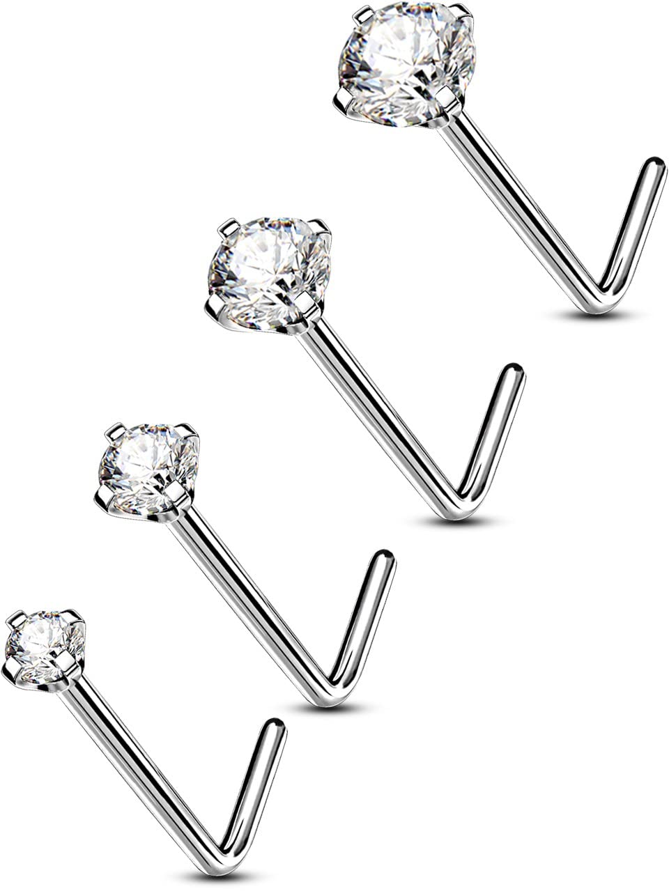 Solid Titanium Nose Piercing 20G Nose Stud Bone Pin 4pcs Nostril Rings L- Bend Nose Body Piercings Jewellery for Women Men