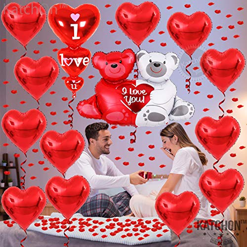 Giant, Teddy Bear Balloons Set - 40 Inch, Pack Of 14 | Pack Of 1000 Red Rose Petals For Valentines Day Decor | Red Heart Shaped Balloons, I Love You Balloons For Romantic Decorations Special Night #TOP7