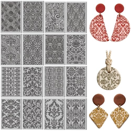 Image of 16 Pcs Damask Patterns Texture Pattern Polymer Clay Texture Sheet Bohemian Complex Flowers Patterns Rubber Clay Textures Mat for Polymer Making Earrings Jewelry DIY Crafts 4 x 2.5 Inch