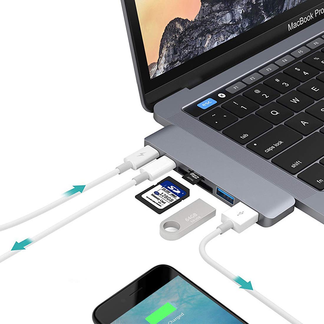 QGT USB HUB 6 in 1 Multi-function Aluminium Alloy 5Gbps Transfer Rate Dual USB-C/Type-C HUB Adapter with 2 USB 3.0 Ports & 2 USB-C/Type-C Ports & SD Card Slot & TF Card Slot for Macbook 2015/201-image-4