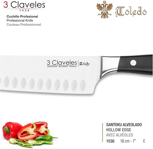 Miniatura 3 de 3 Claveles Cuchillo Santoku japonés, forjado, carne, pescado y verduras, acero inoxidable, línea Toledo (7.1 in - 7 pulgadas)