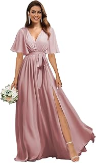 Flutter Sleeve Chiffon Bridesmaid Dresses Long with Pockets Slit V Neck Formal Dress for Women