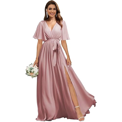 Flutter Sleeve Chiffon Bridesmaid Dresses Long with Pockets Slit V Neck Formal Dress for Women