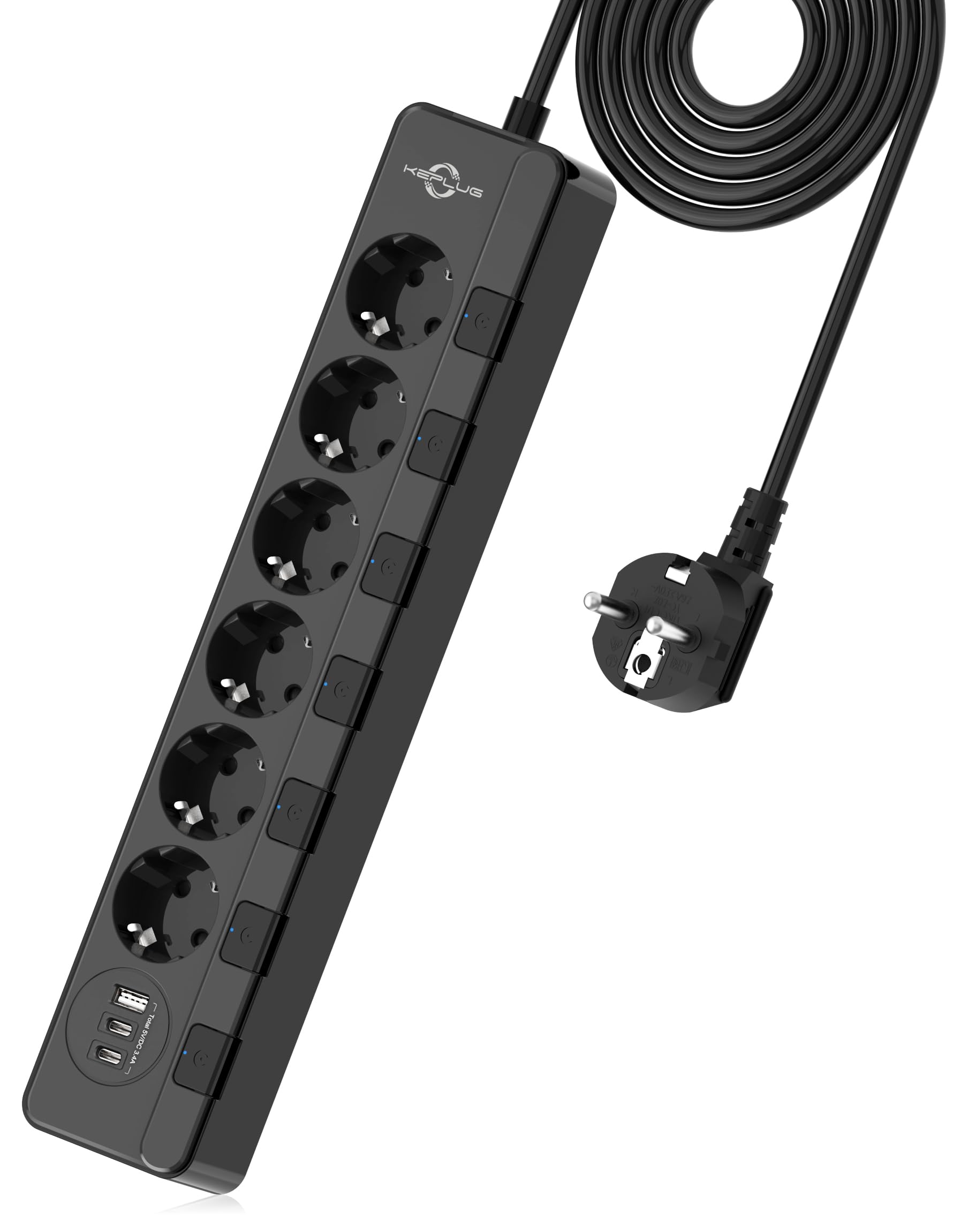 Multiprise Electrique (4000W/16A), KEPLUG Prise Multiple avec Interrupteurs Individuels a 6 Prises et 3 Ports USB (2.4A), Multiprise Parafoudre 500J avec 2M Cordon pour Maison Bureau