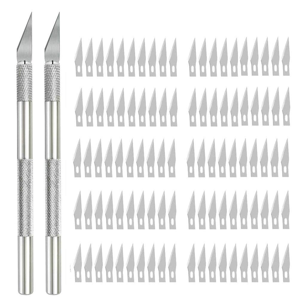 2 Handles and 100 Spare Blades - Precision Carving Craft Knife Stainless Steel Hobby Knives Kit for DIY Art Work Cutting and Trimming,Scrapbooking,Stencil